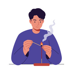 Poster - Man lighting a candle with a match in flat vector art style