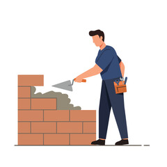 Poster - Builder applying cement to bricks in flat design vector art