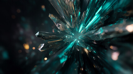 Poster - Close-up of teal and gold crystal cluster, radiating outwards, creating a dynamic and energetic appearance, showcasing a sense of power and luxury