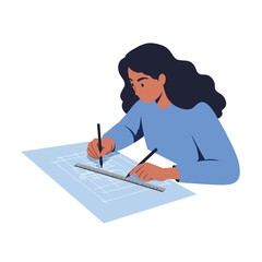Poster - Woman using ruler and pencil in flat design style vector art