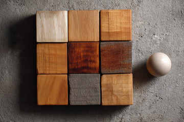 Poster - Nine brown wooden cubes arranged in a square, with a light-colored wooden sphere beside, on a gray textured surface, showcasing various wood tones and textures