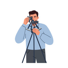 Poster - Man using a theodolite in minimal flat design vector art