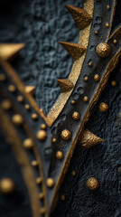 Poster - Close-up of black textured surface with golden spikes and studs, creating a dark, luxurious and edgy aesthetic. Symbolizes power, strength, and opulence.
