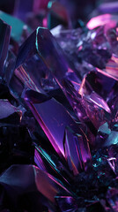 Poster - Close-up of purple and teal crystal texture, sharp facets reflecting light, showcasing a vibrant and energetic aesthetic, suitable for modern designs or technology themes