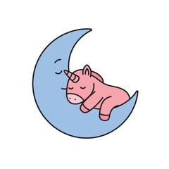 Poster - Cute pink unicorn sleeping on a crescent moon in minimal vector art