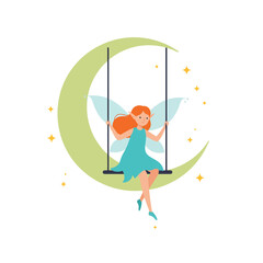 Poster - Enchanting fairy swinging gracefully on crescent moon in flat vector art