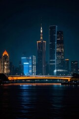 Poster - 暗い夜空にそびえる都市の高層ビル群が光り輝き水面に反射する美しい風景 夜景の光と影が織りなす都会的な景観