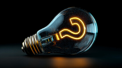 Poster - Glass lightbulb on dark background, showcasing glowing question mark inside, symbolizing curiosity, inquiry, and problem-solving