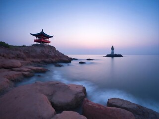 Poster - 夕暮れ時の東アジアの海岸風景 赤い屋根の建物と灯台のシルエット 青い海と空の穏やかな景色