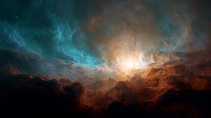 Aufkleber - Dramatic cosmic cloudscape, teal and orange hues, bright central light source, suggesting creation, energy, or celestial power, ideal for fantasy or science fiction themes