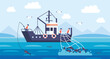 © Foxy Fox - Fishing on vessel boat. Cartoon fishing ship with sailors. Sea fishing industry works. Fishermen catching marine food with net on ocean. Commercial fisher vessels. Vector illustration