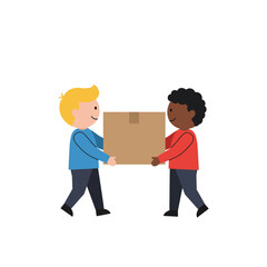 Poster - Two children smiling while carrying a box in flat vector art style