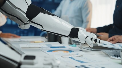 Poster - a robotic arm interacts with business professionals in a modern office, showcasing cutting-edge tech
