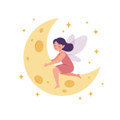 Poster - Fairy sitting on crescent moon in flat, colorful design vector art
