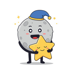 Poster - Cute moon character holding a smiling star in flat vector art
