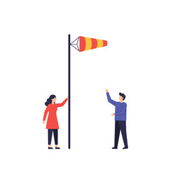Poster - Two people observing wind direction with a windsock in flat vector illustration