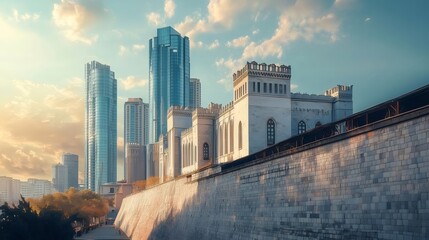 Aufkleber - 都市の要塞と高層ビル 青空の下 歴史的建造物と現代建築の調和