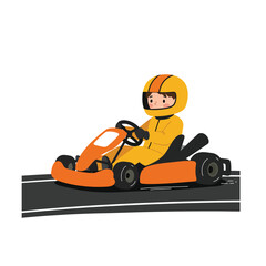 Poster - Go-kart racer in yellow suit on race track in flat vector art
