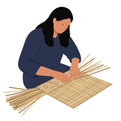 Poster - Woman weaving a mat with natural materials in flat vector art