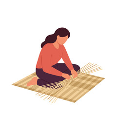 Poster - Woman weaving natural materials on a mat in flat vector art style vector illustration