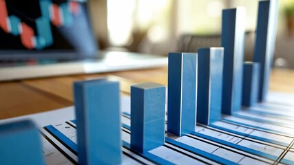 Poster - This visual presents blue 3D bar graphs arranged on a report, with colorful digital charts faintly visible in the background, conveying data during a daytime meeting.