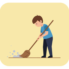 Poster - Person cleaning floor with broom in flat design style vector art