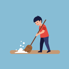 Poster - Child cleaning floor with broom in flat style vector art