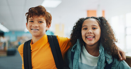Aufkleber - Portrait, school and kids with education, hug and bonding together with happiness. Face, friends and students with embrace, library and support with learning academy, smile and connection with pride