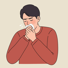 Poster - Man sneezing in a cozy sweater detailed vector illustration