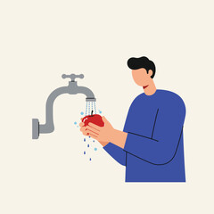 Poster - Person washing red apple under faucet in flat vector art
