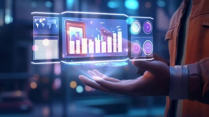 Poster - Futuristic Mobile Analytics: A Man Displays Holographic Data on Smartphone Performance