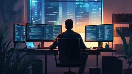 Poster - Night Coder: A digital artist's depiction of a programmer working late into the night,