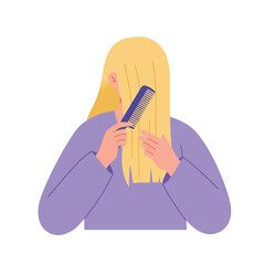 Poster - Woman with long hair styling using a comb in flat vector art