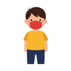 Poster - Child wearing a red mask with yellow shirt and blue pants in flat vector art