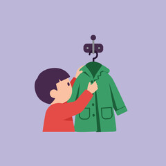Poster - Child interacting with a green coat on a hanger in flat vector art