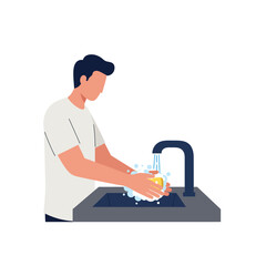 Poster - Man washing hands at a sink in flat vector illustration