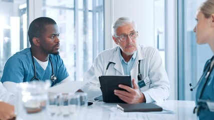 Aufkleber - medical, mature or doctors in meeting with tablet, planning or health treatment results in hospital.