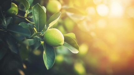 Lush green limes on a tree branch bathed in golden sunlight