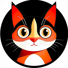 Poster - Colorful cartoon cat with striking features and overlapping shapes in a circular background 