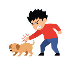 Poster - Playful interaction between a angry boy and a dog in flat vector art