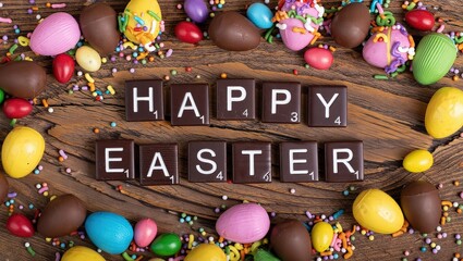 Poster - Colorful Easter eggs in various sizes and colors arranged on a wooden table, with chocolate letters spelling Happy
