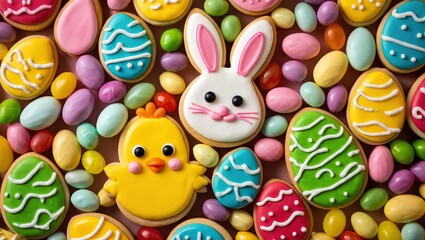 Poster - Colorful Easter cookies decorated with candy, pastel eggs, and bunny and duck designs.