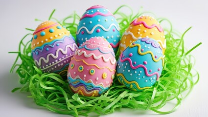 Poster - Four colorful Easter eggs in a basket of green grass.