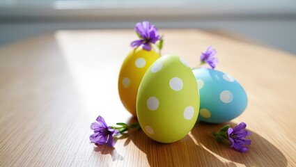 Poster - Three colorful Easter eggs with polka dots on a wooden table.