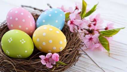 Poster - A basket filled with colorful Easter eggs, each adorned with polka dots in shades of yellow, green, blue, pink, and purple.