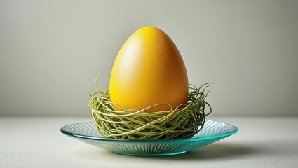 Poster - A yellow egg in a nest on a blue plate.