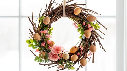 Poster - A wreath made of branches and eggs hanging on a wall.