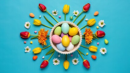Poster - A woven basket filled with colorful Easter eggs and flowers, set against a blue background.