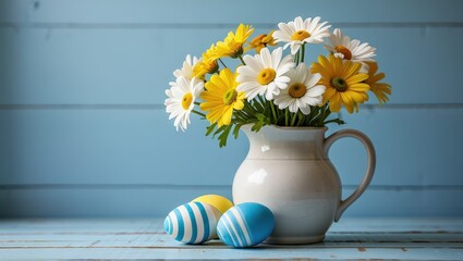 Poster - A vase filled with yellow flowers and two striped eggs on a wooden table.