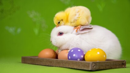 Poster - A rabbit sitting on eggs in front of a chick, both against a green background.